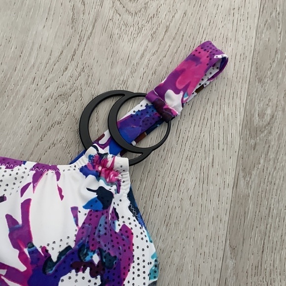 Gideon Oberson Purple Florals‎ Striped One Shoulder Swimwear summer size 6 - Picture 2 of 10